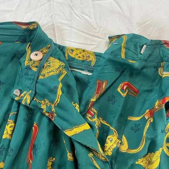 Chaus Women Vintage Teal Rayon Gold Equestrian Chain Print Pleated Maxi Skirt 14 - Picture 5 of 6